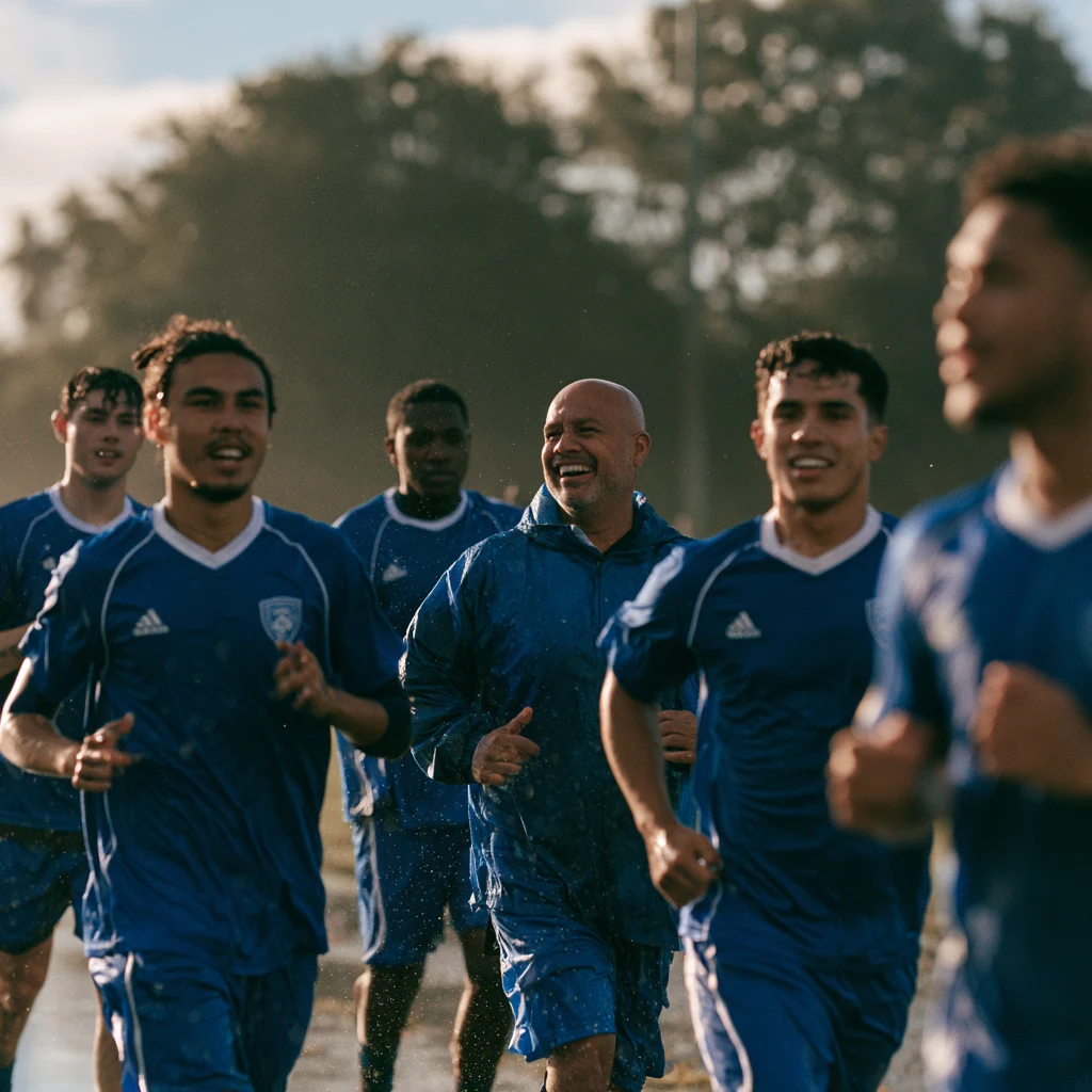 Coach running with soccer players at practice