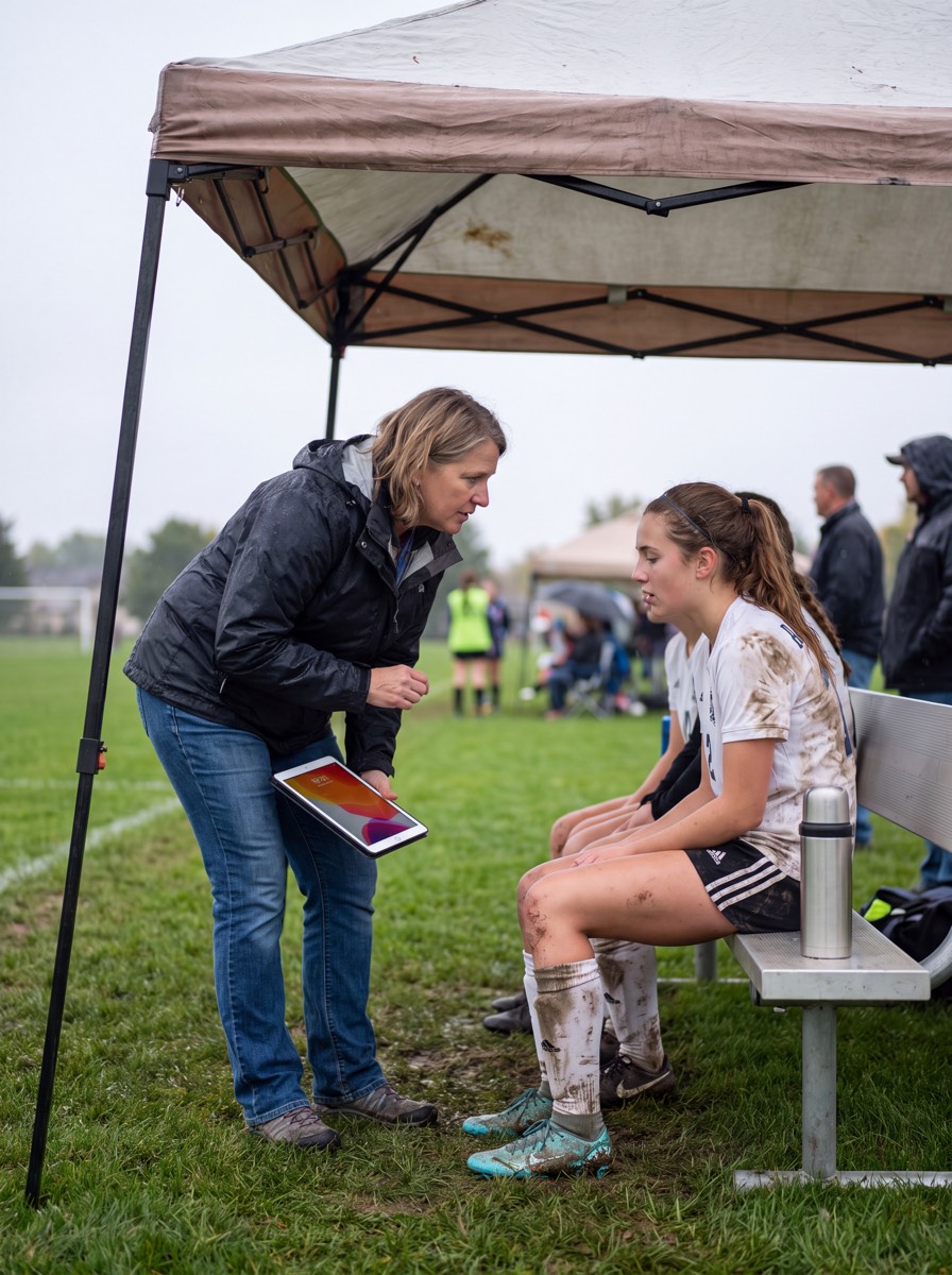 Coach giving a player calm one-on-one instructions on the bench