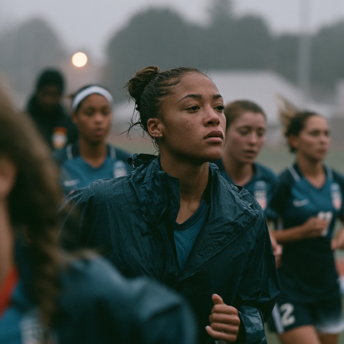 A player waiting through the rain with her team