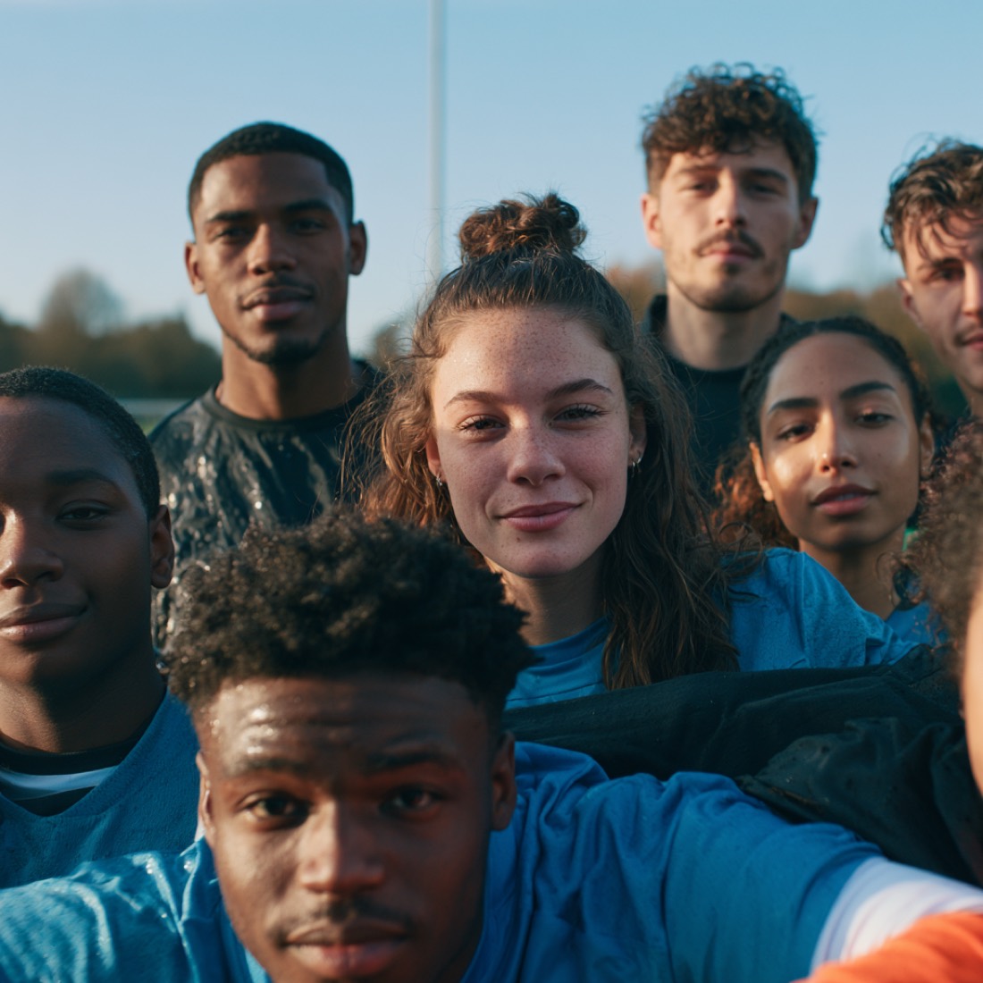 A squad crowding into one photo after training